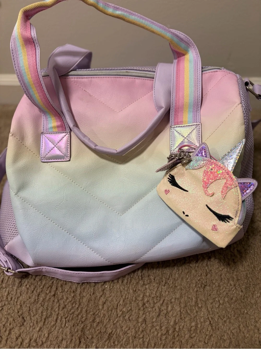 Pastel Unicorn Kids Duffel Bag with Rainbow Strap